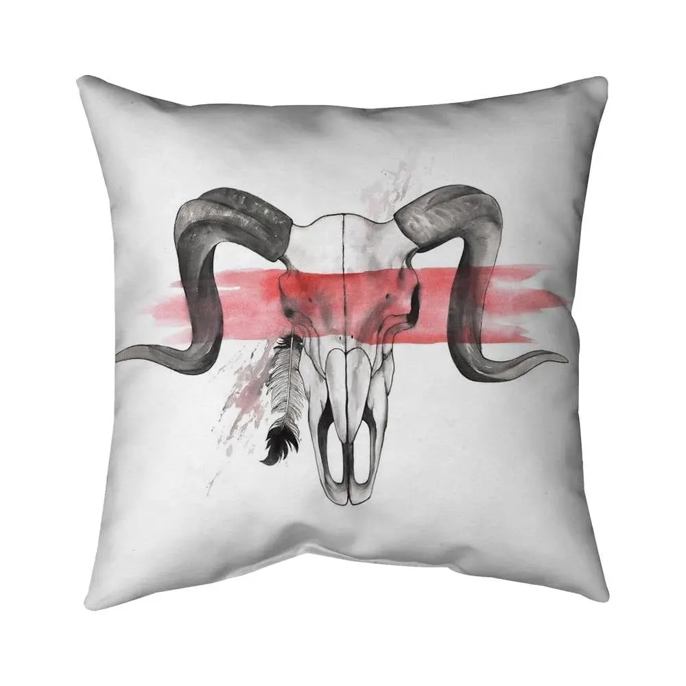 Begin Home Decor 5542-1616-AN325 16x16 in Decorative Bedroom Accent Pillow, Gray Ethnic Aries Skull Design with Feather Decor, Room Accessories with UV Protection