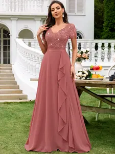 MIUSOL 24245A Deep V-Neck Color Block Floral Sequin Lace Ruffle Trim Chiffon Maxi Evening Formal Dress, Suitable For Wedding Guest, Graduation Ceremony, Gala Dinner And Other Occasions Spring Elegant Classy Party