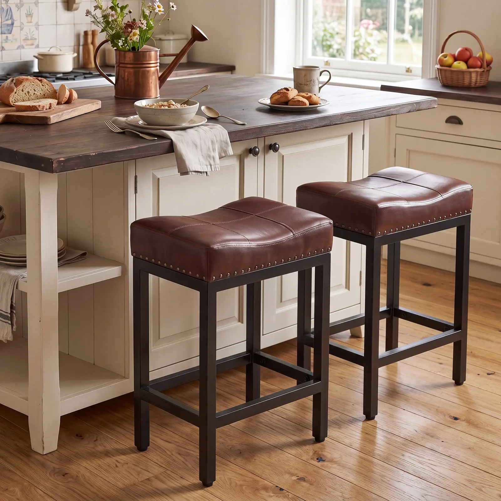 Ergonomic 24-Inch Counter Height Indoor Barstools - 2-Pack All-Metal Base Artificial Leather Chairs for Kitchen, Ergonomic Chair