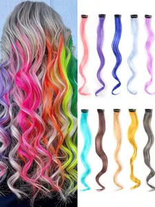 10 Piece Clip-In Curly Wave Hair Extensions, Y2K Party Rainbow Color Synthetic Fiber Women's Hair Accessories, Medium Length Pleated Design, Synthetic Wiglets, Synthetic Hairpiece