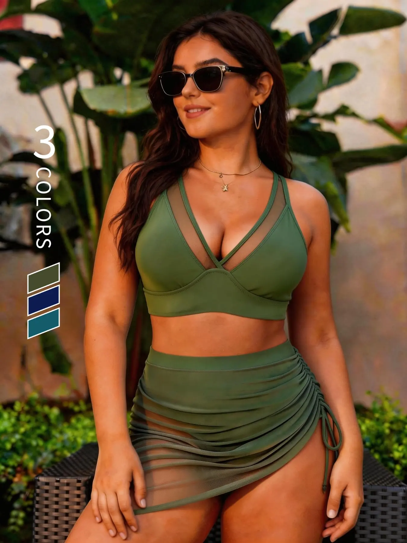 Women's Plus Size Swimwear Mesh Splice Bikini, Solid Olive Green Supportive Swimwear, High Waist Drawstring Skirt Bottom, Summer Pool Party Holiday Travel, Bikini Skirt Set