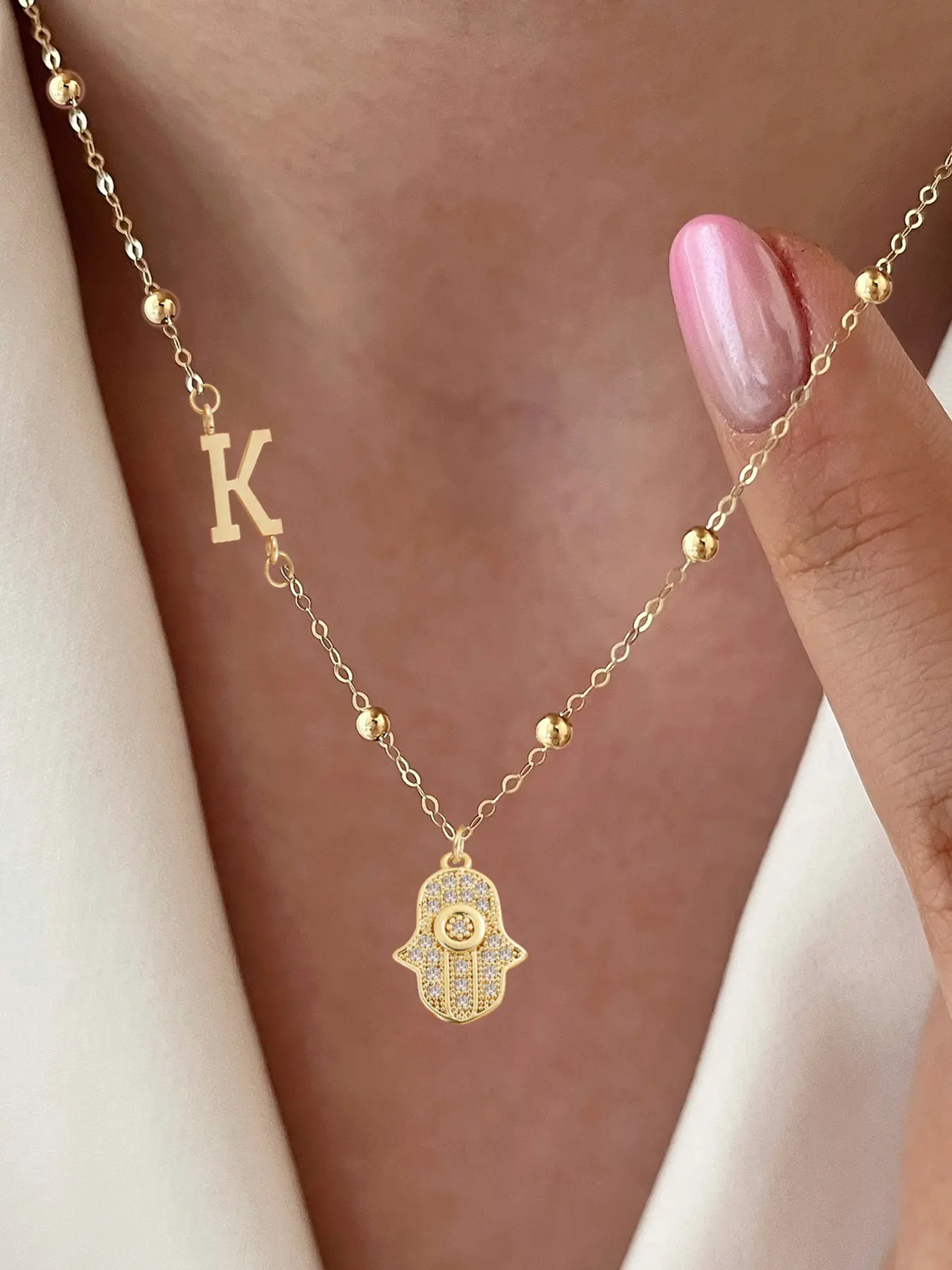Women's Stainless Steel Initial Pendant Necklace, Hamsa Hand Zirconia Inlay Hand Design Jewelry, Casual All-Seasons Accessory for Women, Dainty Initial Necklaces