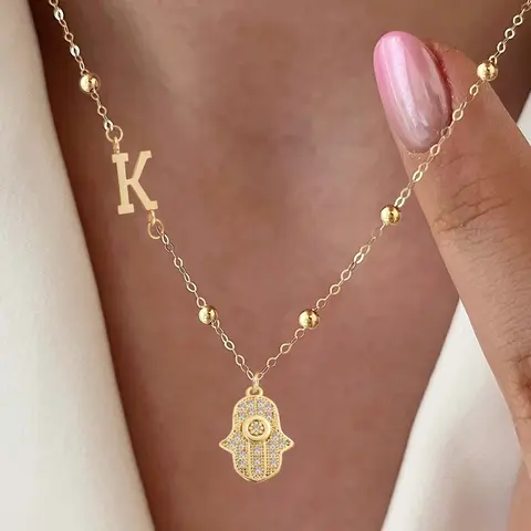 Women's Initial Zircon Palm Pendant Necklace, Classic Stainless Steel Bead Chain, Casual Style, All Seasons Jewelry, Chain Necklaces