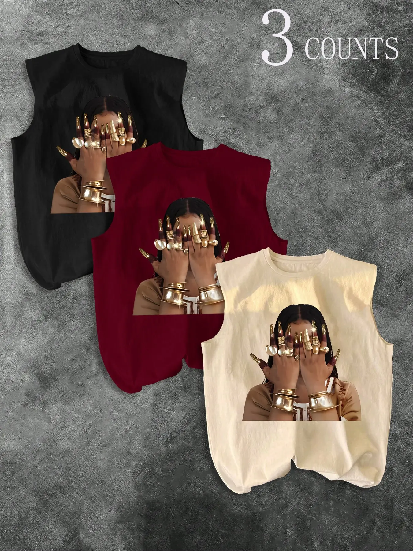 3-Pack Men's Classic Portrait Print Sleeveless Tank Tops Vests, Summer Loose Fit Baggy Oversized Casual Round Neck Tees, European Style Graphic Shirts