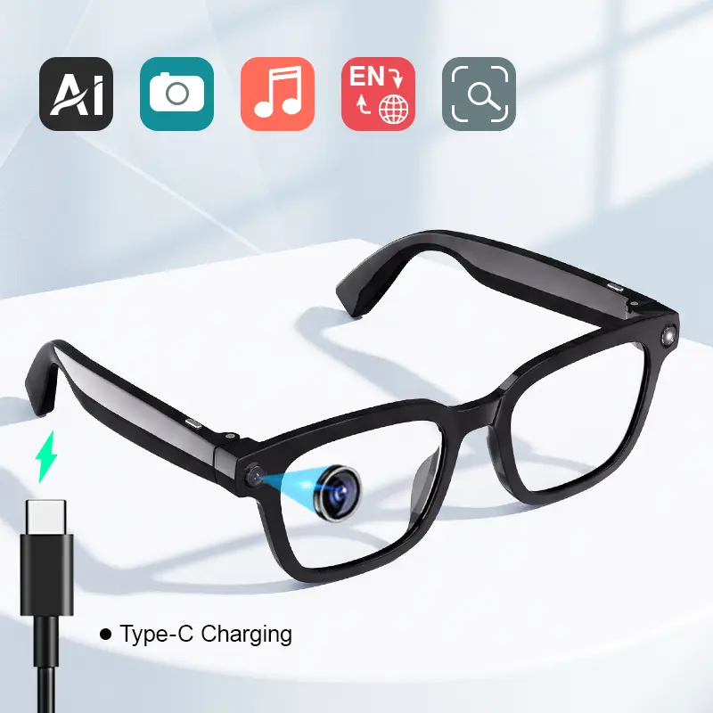 Smart Ai Bluetooth Glasses with Camera, Hands-Free Photo & Video Recording Wearable Bluetooth Glasses for Travel Outdoor, Multifunctional Wireless Audio Glasses with Ai Voice Assistant, Built-in Headphone Camera Glasses