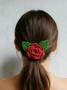 Women's Handmade Crochet Floral Hair Tie, Camellia Sunflower Rose Flower Ponytail Holder, 3D Floral Leaf Yarn Rubber Band