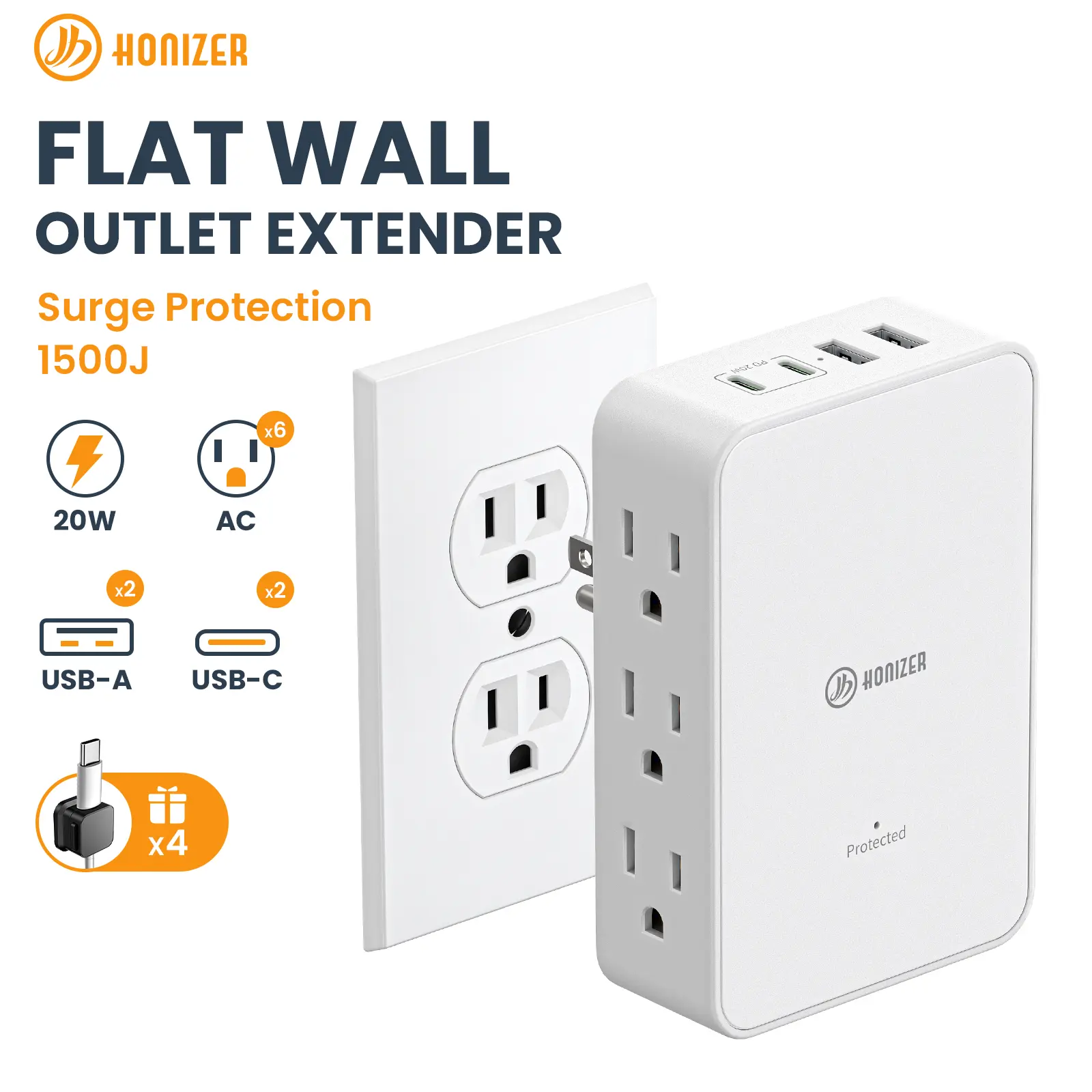 HONIZER Outlet Splitter with 6 AC Side Outlets, Flat Wall Outlet Extender with PD 20W USB C, 3-Sided Electrical Outlet Extender with 4 Cable Clips for Behind Couches, Nightstands, Desks, TV