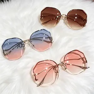 Trendy Rimless Gradient Sunglasses For Women, Oversized Irregular Metal Frame Shades, Lightweight Fashion Eyewear For Daily Wear And Outdoor Activities