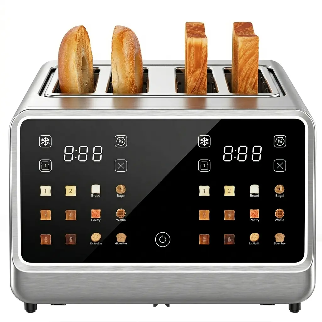 Dear Morning Durable 4-Slice Digital Smart Toaster, Stainless Steel Toaster with Touchscreen Dual Control Panel, Single Slot Timer, Reheat & Defrost Functions for Bagels, Bread, Kitchen Essentials, Stainless Steel Toasters