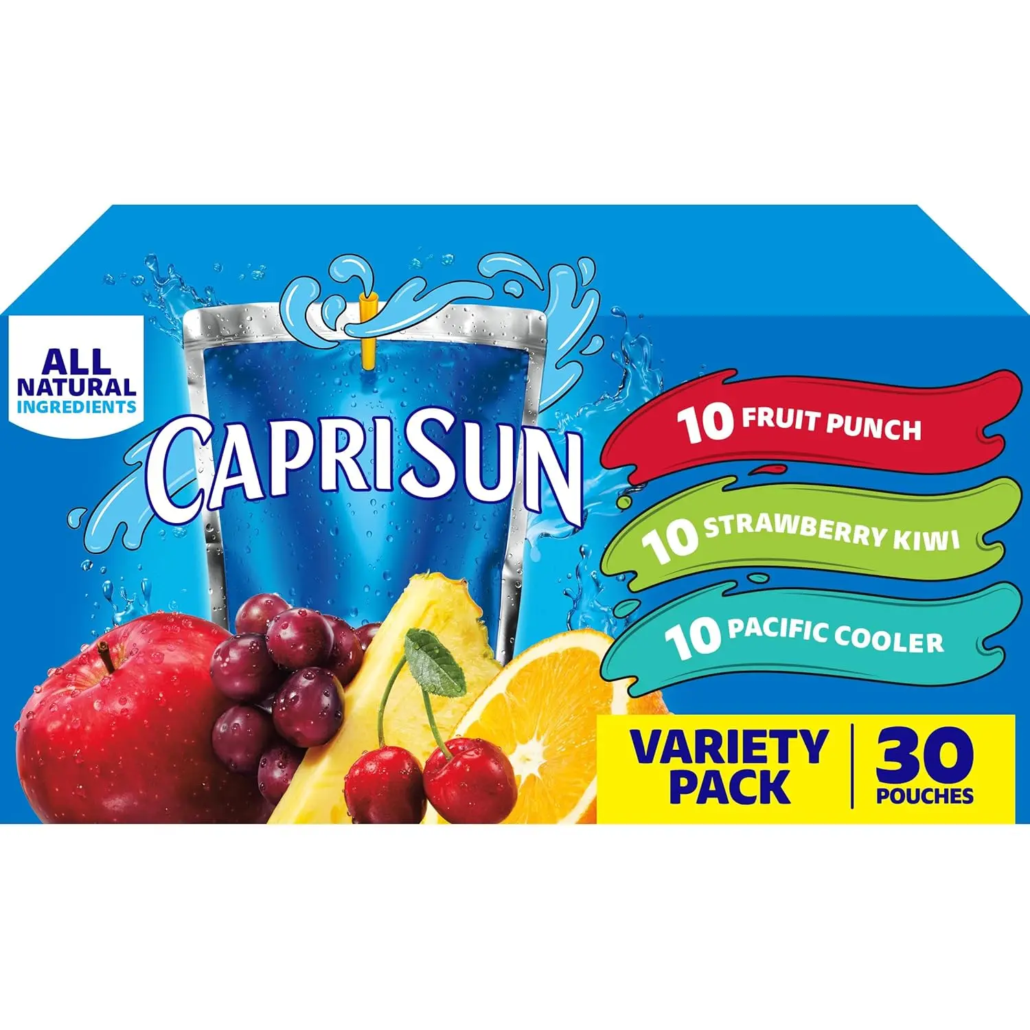 Capri Sun Fruit Punch Strawberry Kiwi & Pacific Cooler Flavored Juice Drink Blend Variety Pack 30 ct Box 6 fl oz Pouches All Natural Ingredients Monk Fruit Sweetener Ready-to-Drink Beverage Corn Artificial