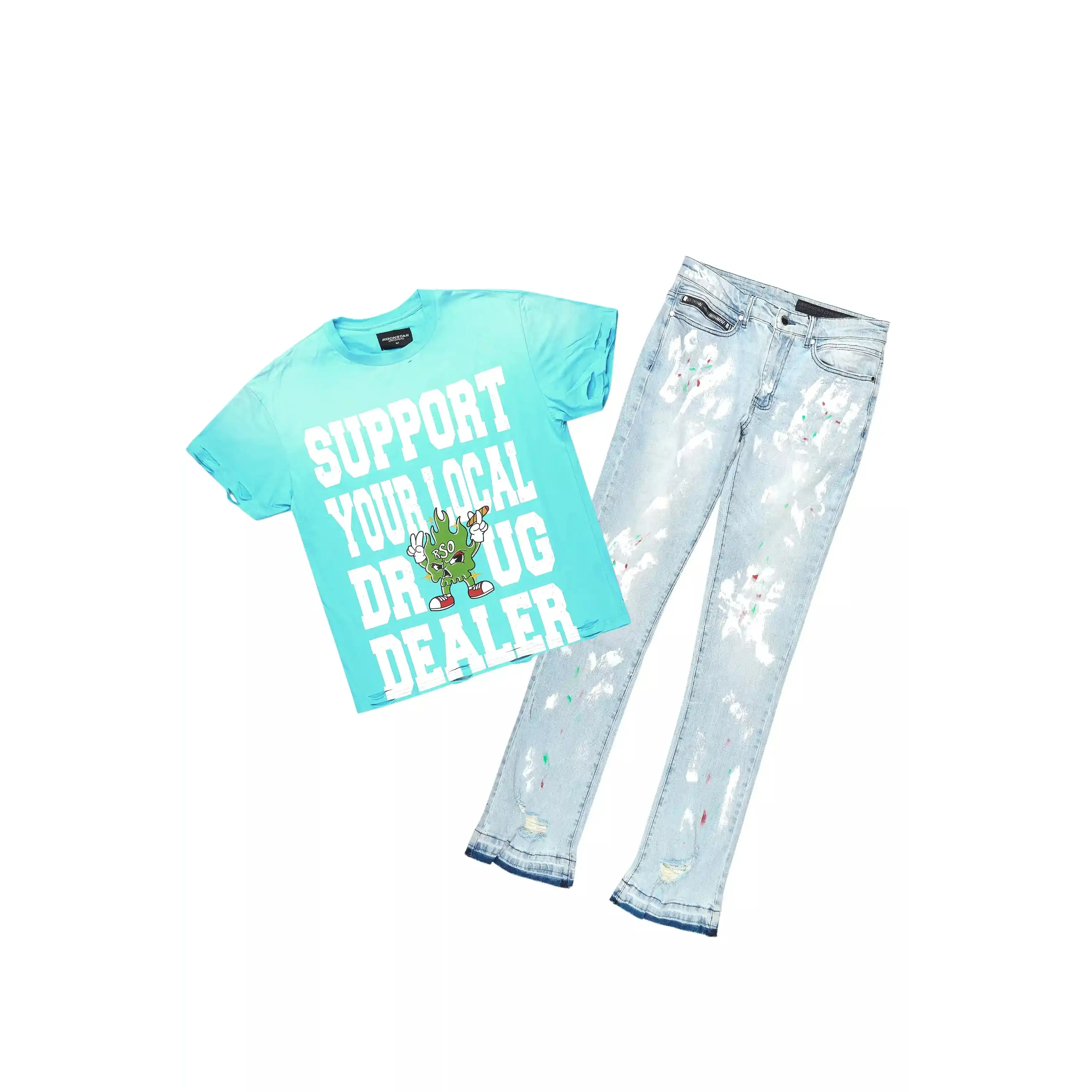Tarl Blue Oversized T-Shirt/Stacked Flare Jean Set