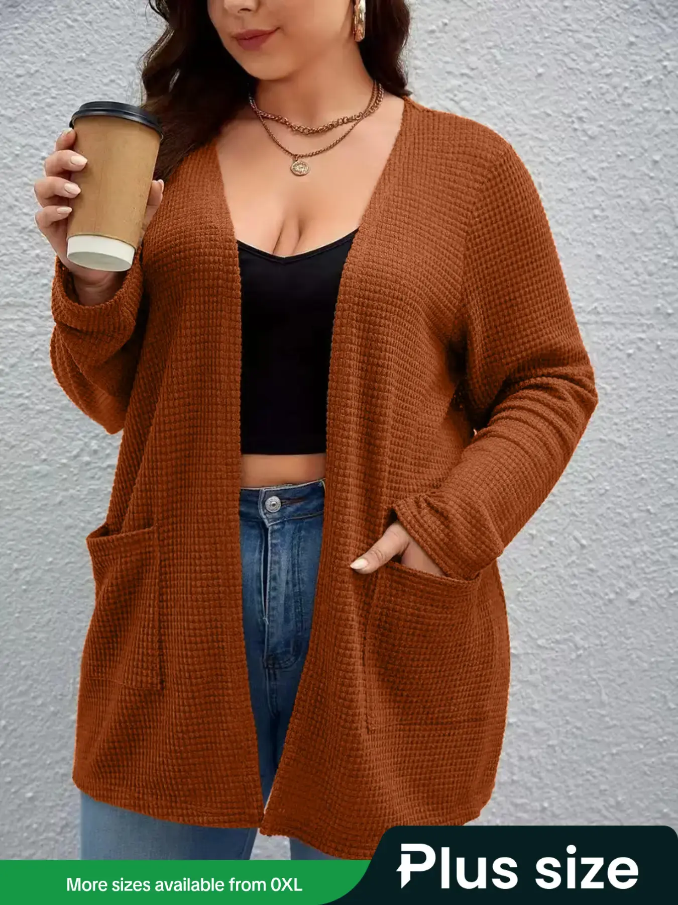Plus Size Women's Waffle Knit Long Sleeve Cardigan, Basic Knitwear, Fitted, Comfortable Fabric, Dual Pocket Design, Fashionable Aesthetic Casual Spring & Fall Sweater, Multi-Functional Top, Casual Knit Tops