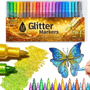Glitter Markers Pen, 24 Glitter Colors Paint Pens Sparkly Metallic Shimmer Acrylic Marker Fine Point Tip 1mm Water-based Ink for Adults DIY Crafts Greeting Birthday Cards