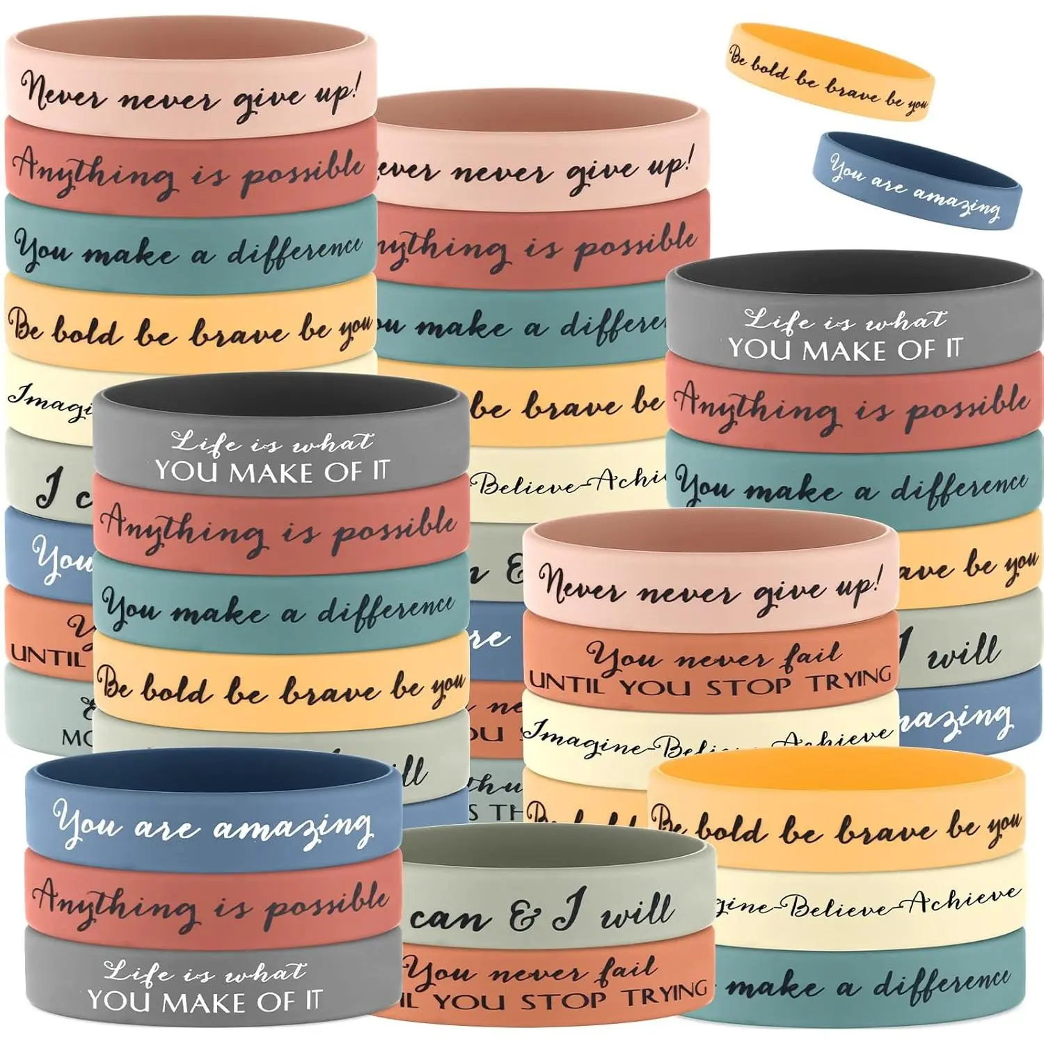 50 count Inspirational Wristbands Motivational Rubber Bracelets Thank You Gifts Bulk for Students Women Men Stretch Quote Silicone Bracelets