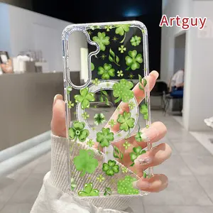 Magnetic Phone case for  Samsung Galaxy S23 Ultra S24 Plus FE S25 S22+ Clover Delight Pattern Pattern Non-Yellowing Shockproof Soft Silicone Transparent Acrylic Large Hole Cover Supports Wireless Charging