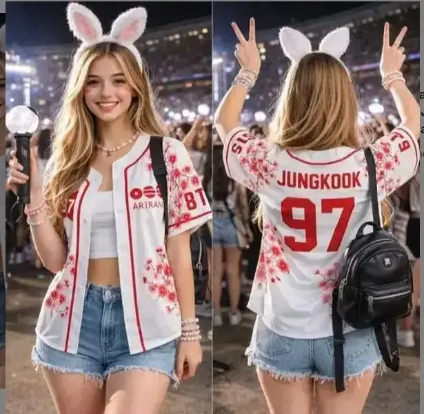 Unisex White Cherry Blossom Baseball Jersey Jungkook 97 Arirang Floral Graphic Button Down Shirt Short Sleeve KPop Fan Concert Summer Tops