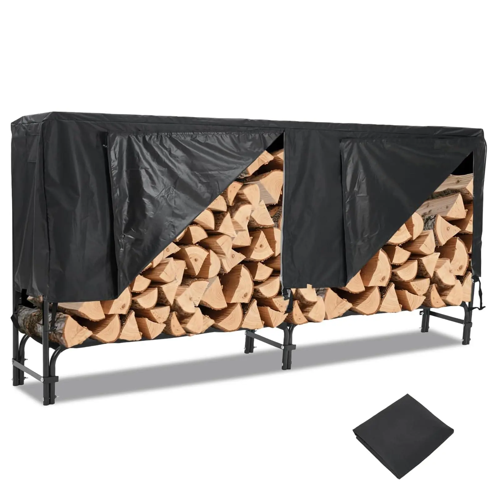 GARVEE 8FT Heavy-Duty Steel Frame Log Rack with Cover - 400LB Capacity, Sturdy Legs, Ventilation System, Tool-Free Assembly, Black Indoor/Outdoor Firewood Storage Organizer