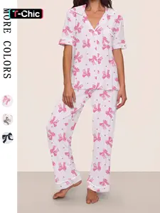 Women's Leopard Print Fitted Pajama Set with Bow Tie, Short Sleeve Collared Shirt and Long Pants for All Seasons, Comfortable Casual Sleepwear