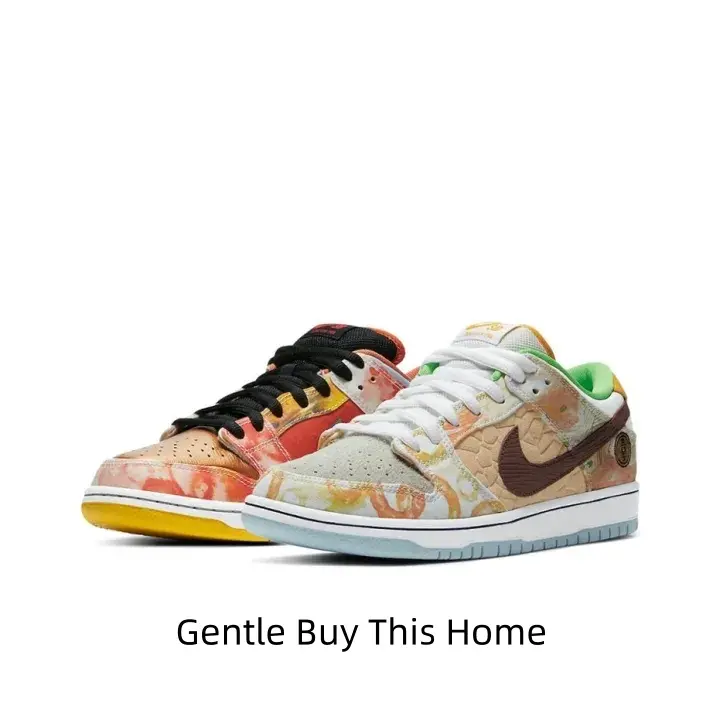 Mismatched print low skate shoes for men & women, vivid watercolor food all-over print, embossed soft leather with delicate texture, asymmetrical colorful mismatched colorway, lightweight comfy flat sole.