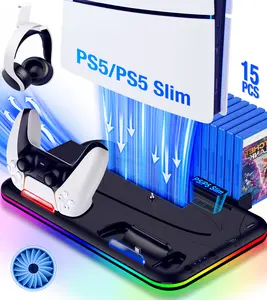 BEBONCOOL PS5 Slim Stand with 3 Levels Cooling Station and Controller Charging Station for PS5, PS5 Accessories-Cooling Fan, Headset Holder, 15 Game Slot for Playsation 5 Slim Console Disc/Digital, Black