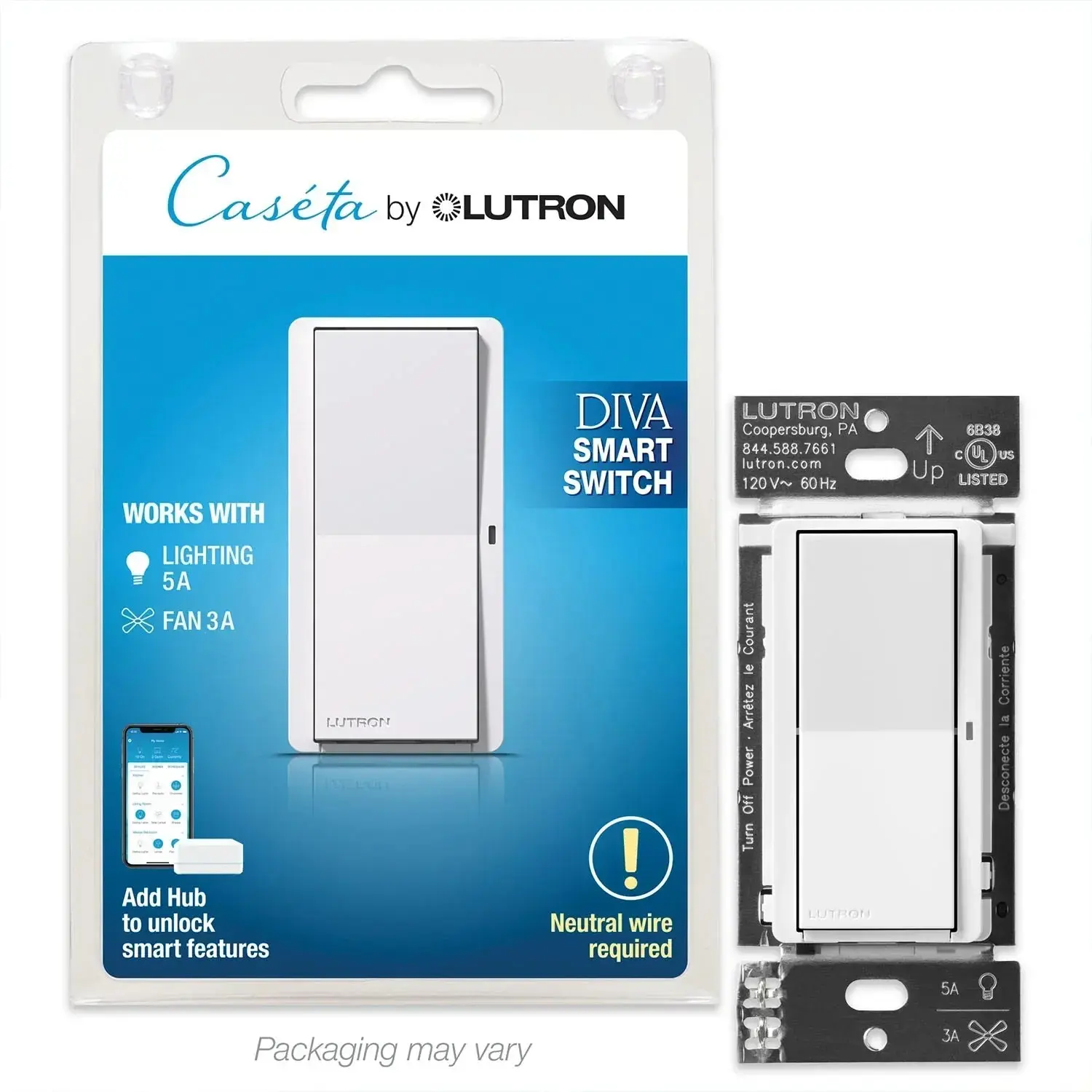 Lutron DVRF-5NS-WH Caseta Claro Smart Switch, 5A, Single-Pole/3-Way/Multi-Location, White