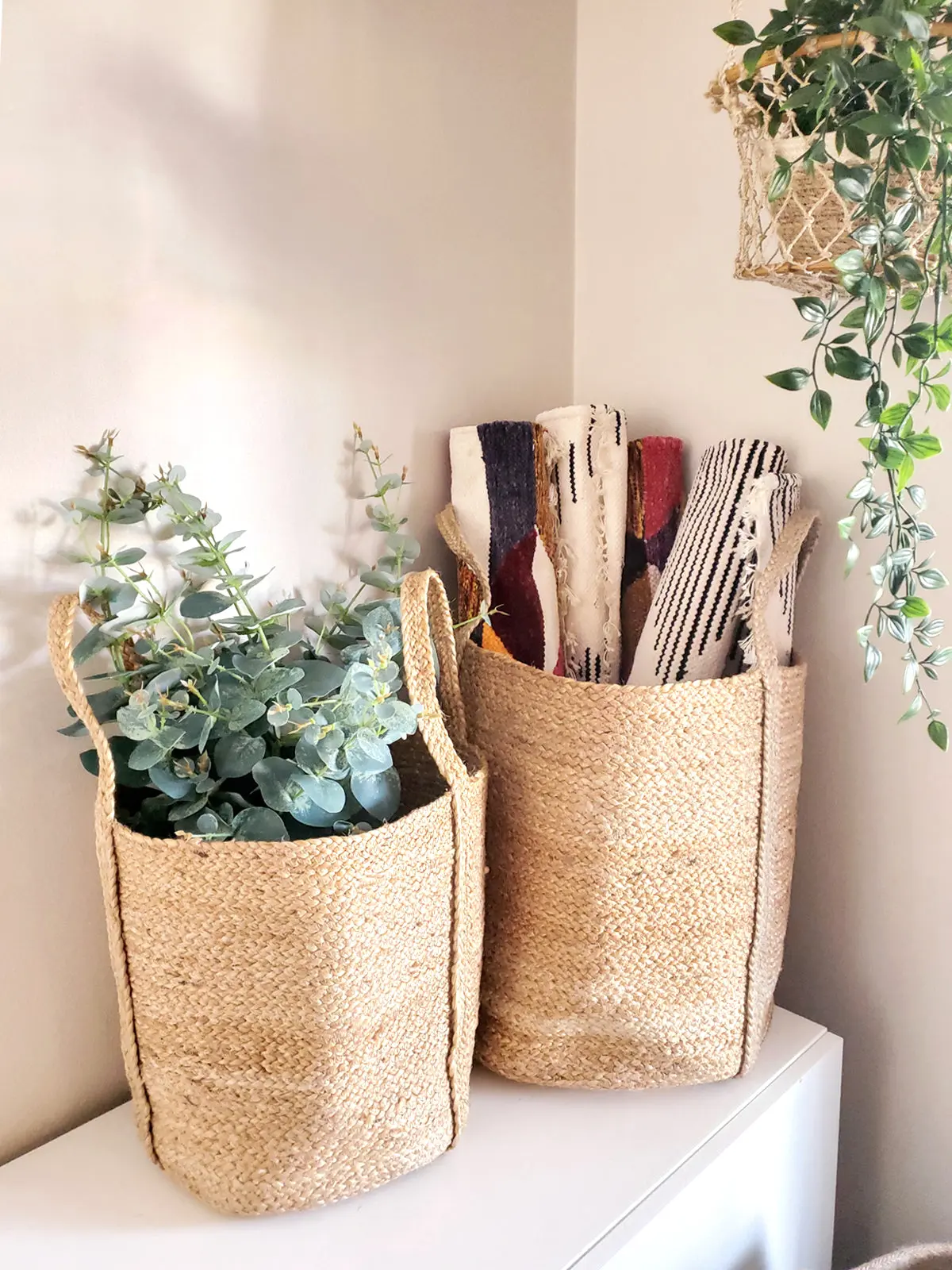 Hand-Braided Jute Fiber Kata Basket Set with Handle, Small/Large Sizes, Braided Texture, Durable Home Organizer for Bathroom Room Storage, Plant Holder
