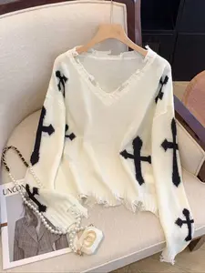 Women's Spring Summer V Neck Knit Sweater, Cross Flower Design, Ripped Edge, Casual Beachwear, Long Sleeve, Loose Fit, All Seasons