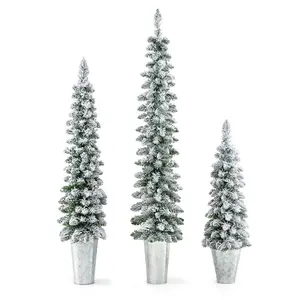 COSTWAY - Set of 3 Pre-Lit Snow Flocked Artificial Christmas Trees witrh 423 Branch Tips
