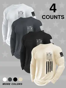Men's American Flag Long Sleeve T-Shirt Set, Menswear Patriotic Geometric Design, Casual Fitted Style, Ideal for Independence Day & Daily Wear, Streetwear