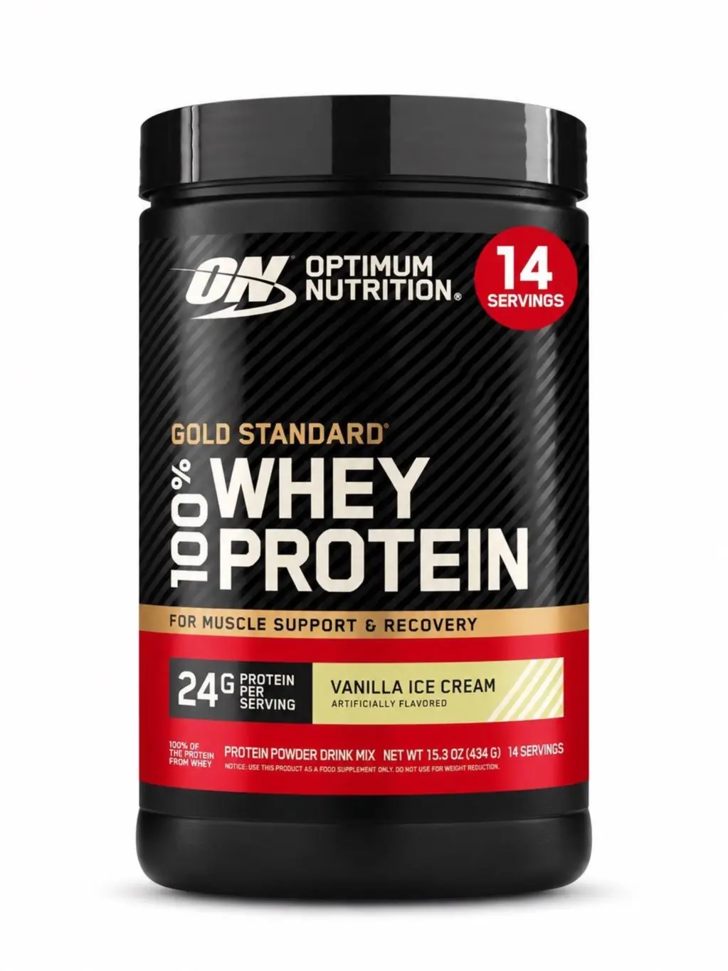 Optimum Nutrition Gold Standard 100% Whey Protein Powder Tub - Sucralose-Free, Smooth, Gluten-Free, Blendable 24g Strength Supplement for All Ages' Metabolism & Body Health, Vanilla Ice Cream Flavor, 1 lb (14 Servings, Pack of 1), BCAA Boost