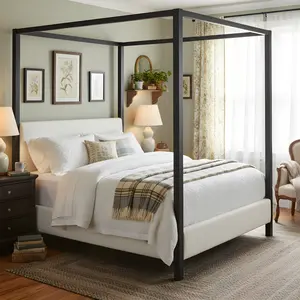 [Bellemave] Queen/King Canopy Bed, Metal Frame with Upholstered Headboard, No Box Spring Needed, Easy Assembly