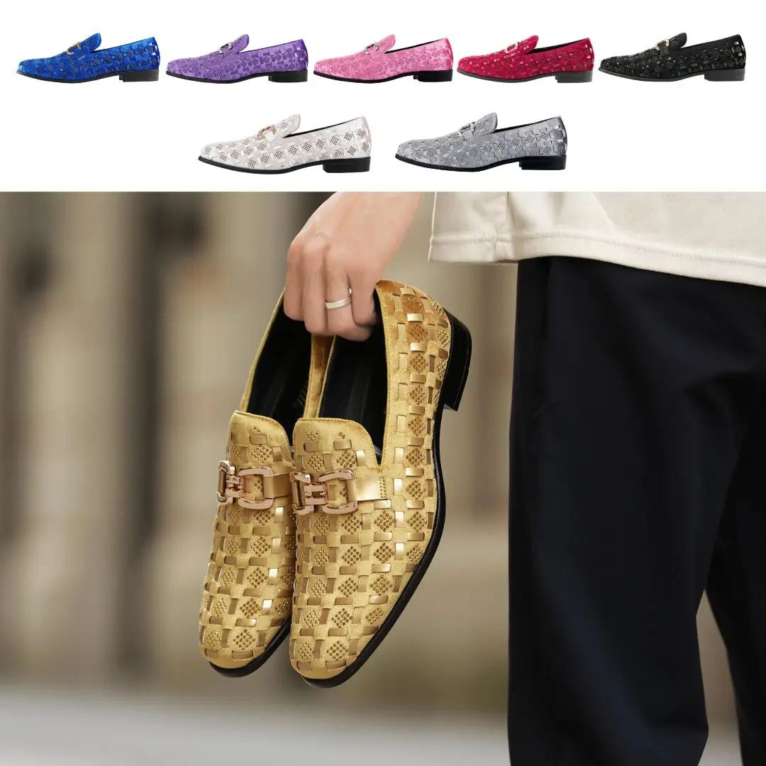 Amali Men's Roman Velvet Loafers - Diamond Woven Luxury Smoking Slippers with Metal Bit, Elegant Formal Dress Shoes