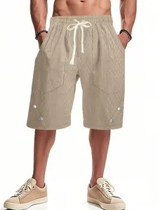 Men's Solid Color Jacquard Drawstring Waist Shorts, Regular Fit Casual Loungewear Breathable Comfy Shorts for Summer, Men's Bottoms for Daily Wear