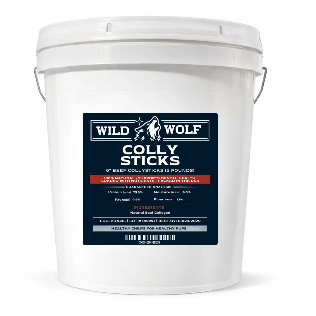 6" Beef CollyStick Bucket by Wild Wolf (5lbs./~85-95 Sticks) 100% Natural Dog Chew Treats - Single-ingredient - Loaded with Nutrients - No Additives or Unhealthy Chemicals - Stick Count Varies by Weight