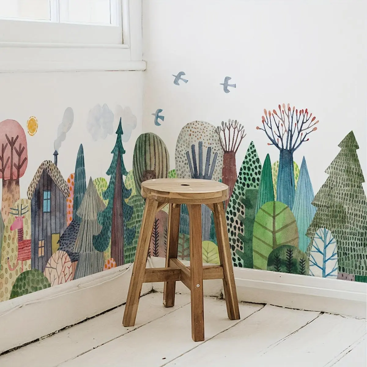 Watercolor Forest Pattern Wall Sticker, Self Adhesive Wall Decal, Wall Art Decorative Sticker for Home Living Room Bedroom