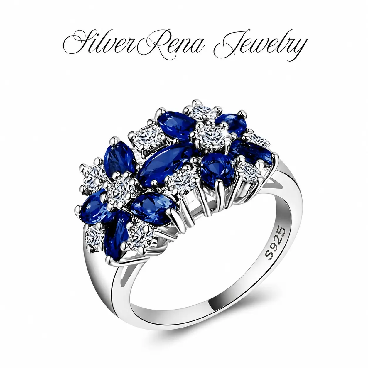 S925 Sterling Silver Cluster Ring for Women with a Synthetic Sapphire and 5A Blue Cubic Zircon, Classic Women's Fashion Jewelry for Daily Wear and Parties, Girl, Female, Party Wear, Stylish Luxury