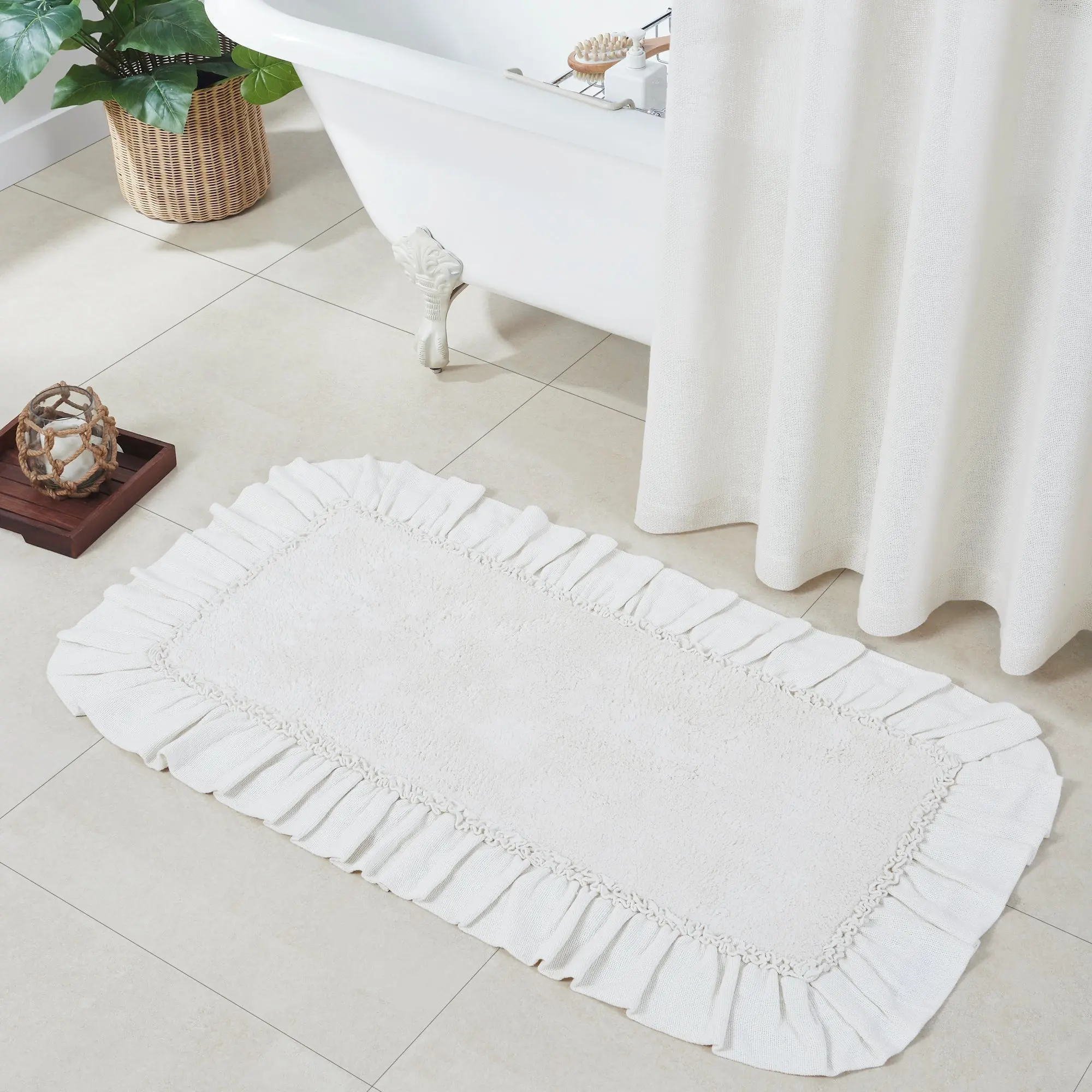 Baxter Cozy Ruffle Burlap Antique White Bath Mat, Farmhouse Bathroom Rug, Home Supplies for Bathroom Use, Cotton Fabric