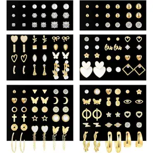 70 Pairs Gold Stud Earrings Set for Women Multipack, Trendy Hypoallergenic Cubic Multiple Piercings Earrings Packs, Chunky Hoops Earrings for Gift