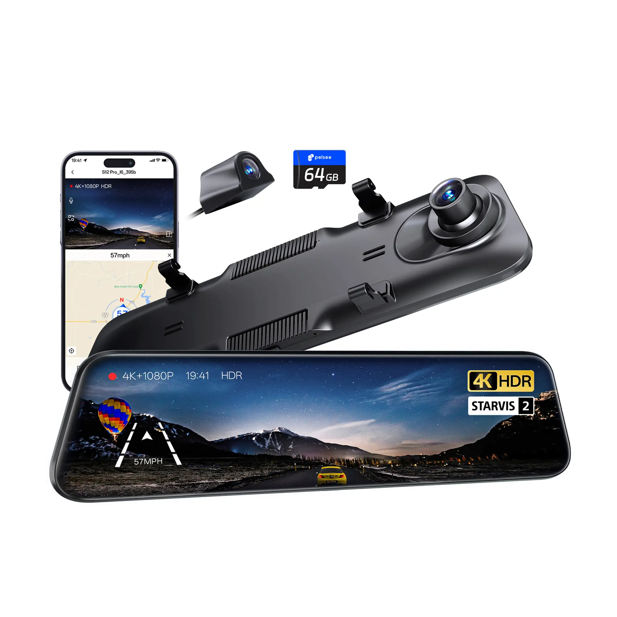 Pelsee S12 Pro Mirror Dash Cam with STARVIS 2 Sensor, Rear View Mirror Camera 5.8GHz WiFi, 4K Front and 1080P Rear Backup Camera for Car, ADAS &BSD, Voice Control, Color Night Vision, 64G Meomory Card