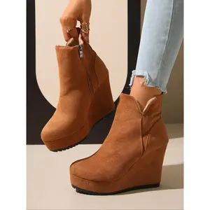 Women's Warm Fleece Lined High Heel Short Boots, Slip on Side Zipper Design, Perfect for SportsRAIMENTRY