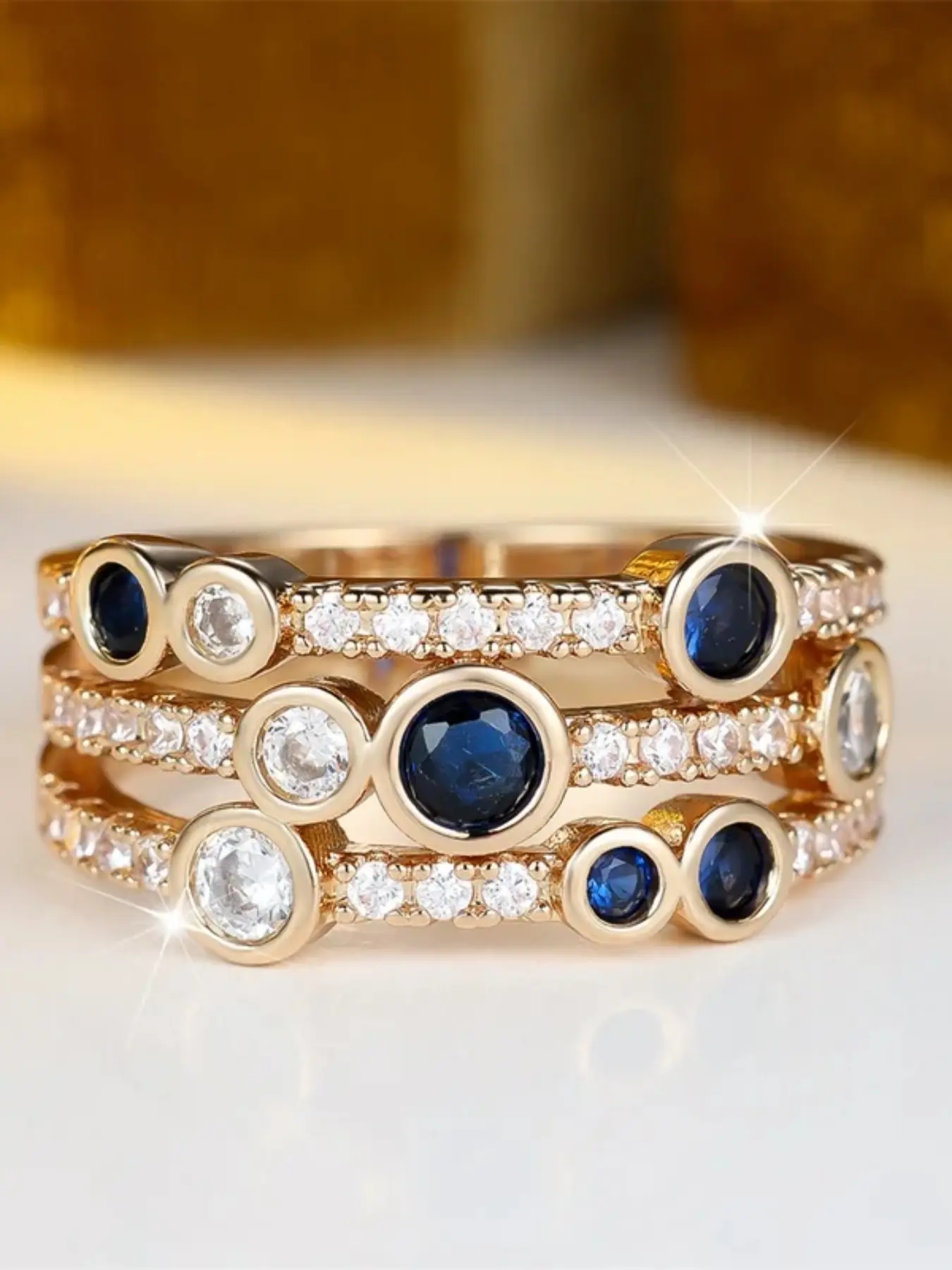 The three-layer synthetic crystal blue gemstone ring is a vintage-style golden engagement ring, suitable for wedding attire, versatile jewelry, and a perfect gift for brides, Bridal Statement Ring, Zircon Rings, Beautiful Rings