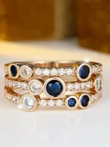The three-layer synthetic crystal blue gemstone ring is a vintage-style golden engagement ring, suitable for wedding attire, versatile jewelry, and a perfect gift for brides, Stackable Ring, Vintage Rings