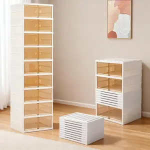 9 Tiers-18 Pairs Foldable Shoe Rack Organizer Plastic Collapsible Shoe Shelf Clear Shoe Boxes Stackable with Door Easy Assembly Shoe Cabinet for Entryway (9 Tiers-18 Pairs)