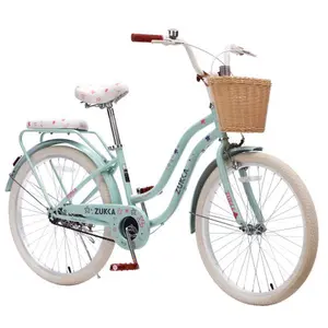 24-Inch Girls' Cruiser Bike - Single-Speed Commuter Bicycle with Wicker Basket, Rear Rack, High Carbon Steel Frame for Outdoor City Riding Comfort