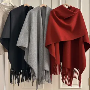 Woolen Fringed Slit Shawl for Women Autumn Winter Thickened Cape Coat Travel Photo Shawl in Black Gray Red