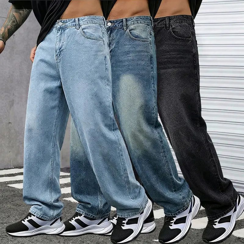 Men's Retro Washed Loose Wide-Leg Denim Dad Jeans - Menswear Streetwear Plain Long Pants, Durability Focused, Easy Choice for Casual Outings & Commuting