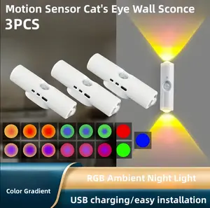 3 Pack LED Motion Sensor Night Light, Magnetic Wall Lamp, RGB Color Changing Cabinet Decor, Rechargeable Kitchen Closet Lights Easy Installation Decorative Lighting Multicolored lamp lights for bedroom lamps for bedroom