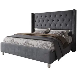 [SummerVibes]VanAcc Upholstered Bed Frame with 49.2" Tall Headboard, Modern Wingback Platform Bed, Low Profile Velvet Tufted Button, No Box Spring Needed