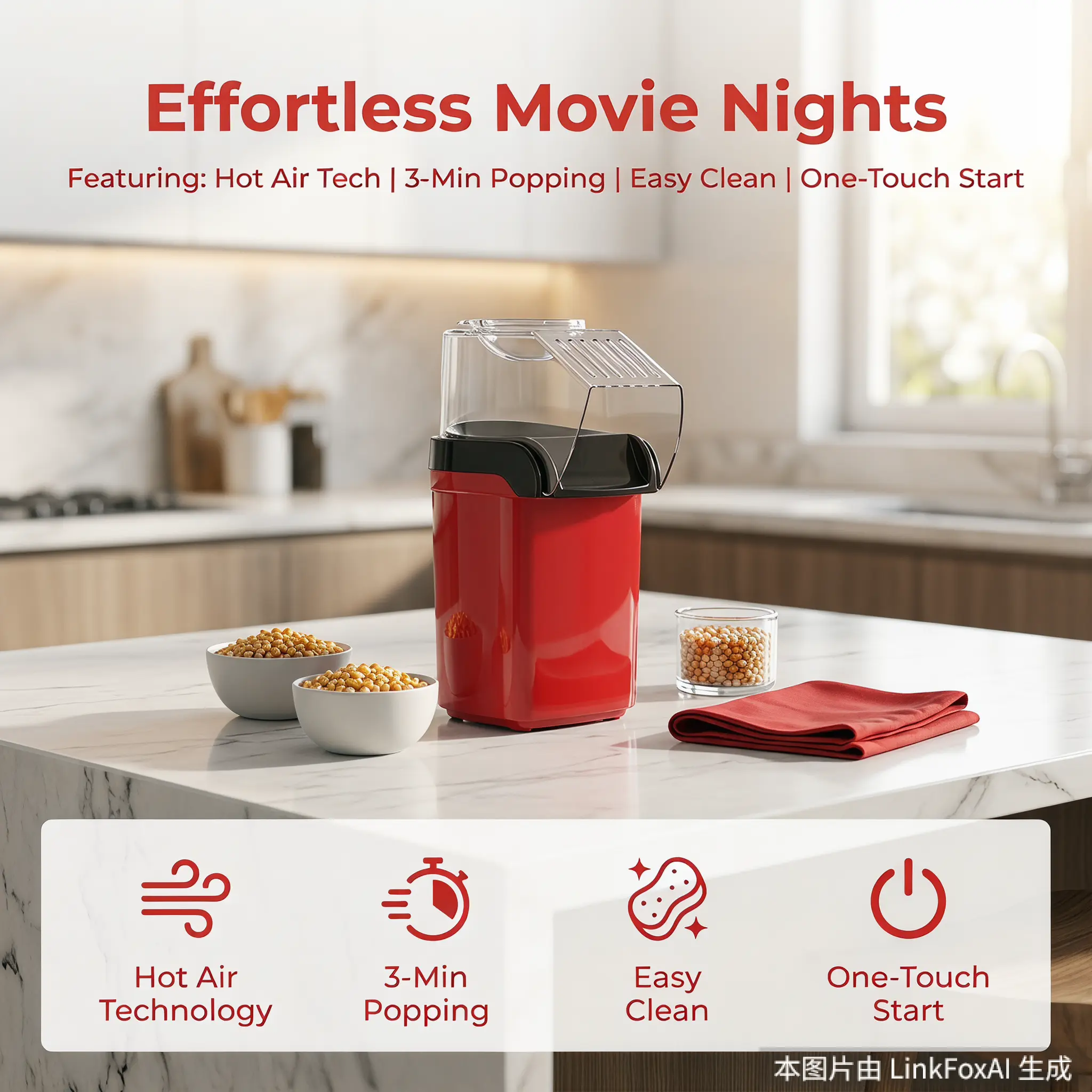 Popcorn Maker，household popcorn machine (1200W), kitchen appliance that heats within 1 minute without needing butter; perfect for family gatherings, birthday parties, and kitchen decor; when watching movies, popcorn is the top choice.