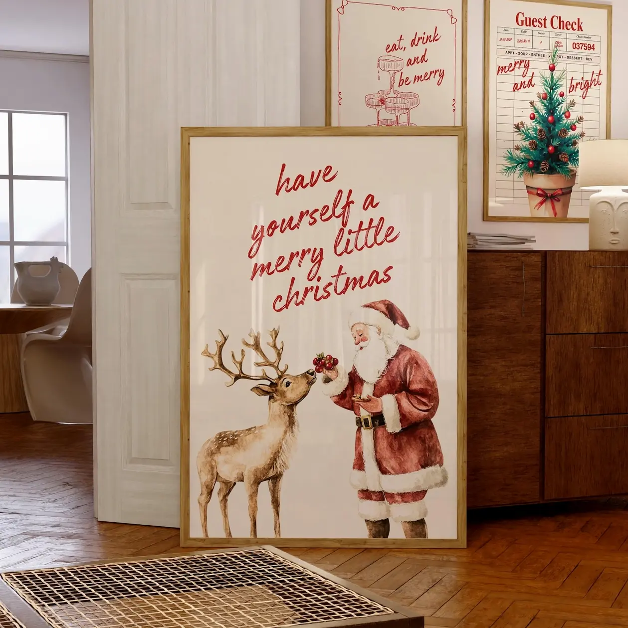 Vintage Christmas Wall Art, Santa Claus Reindeer Print Retro Holiday Poster Merry Little Christmas Decoration Festive Home Decor | Framless Poster W